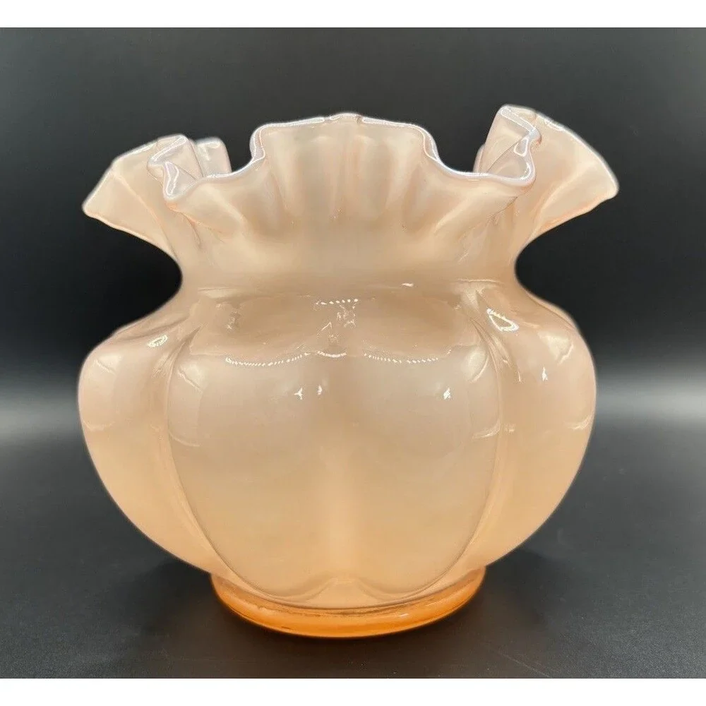 Vintage Fenton Peach Pink Double Crimped Cased Glass Melon Overlay Bowl Vase 6”